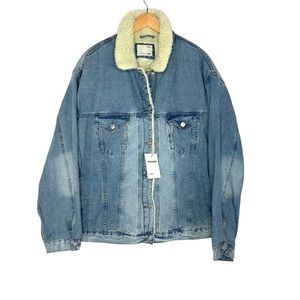 ASOS Womens Sherpa Trim Oversized Denim Jean Jacket Sz US 16 Tall Oversized